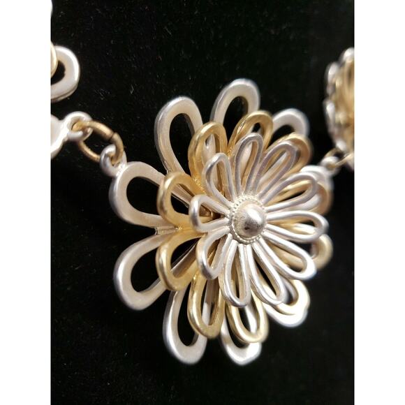 Two Tone Mixed Metals Flower Necklace Set Matte Gold and Silver Tone, w/Earrings - Picture 4 of 12